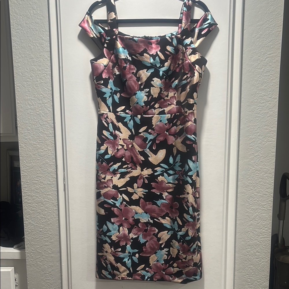 ECI Pink and Blue Mini Sheath Dress with Cap Sleeves for a Cocktail